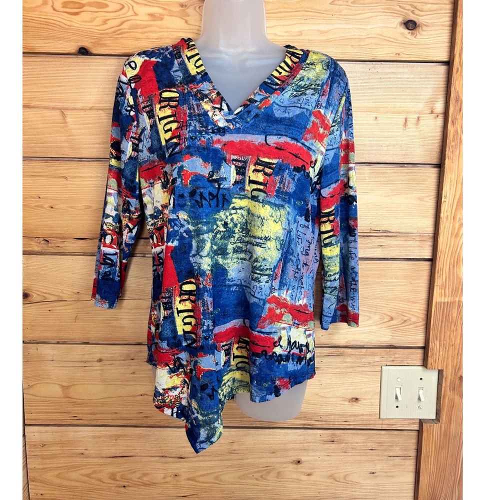 Mandy Evans Graffiti Print Handkerchief Hem Top V-Neck‎ 3/4 Sleeve colourful Art